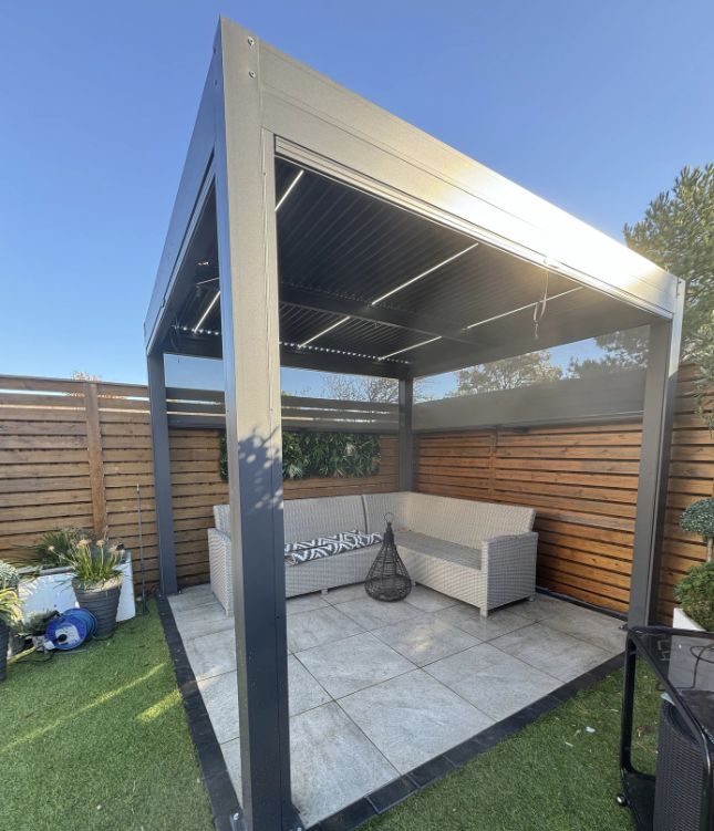 outdoorstructure Shaded Seating Area By Grass On Flags