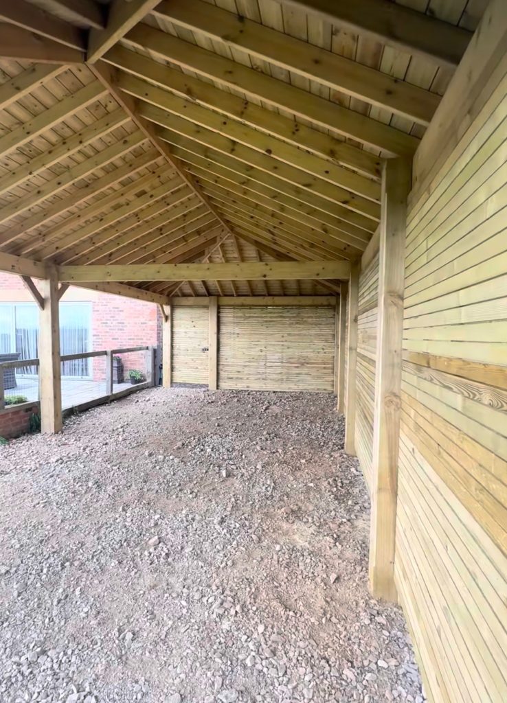 Timber gazebo with slatted screening