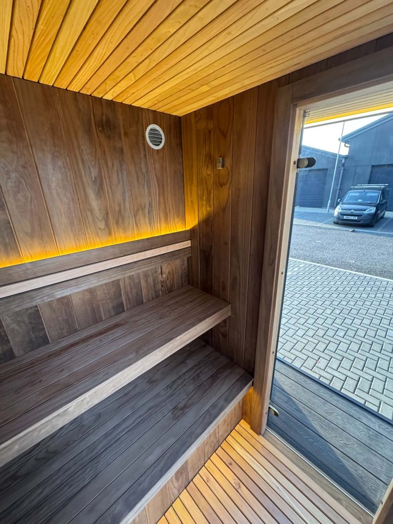 Cedar sauna interior with LED lighting